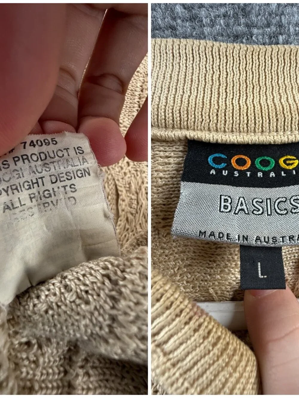 Coogi Basics Australia Made Sweater Men Knit 3D Large Beige Pullover Crew Neck